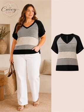 Minimalist Preppy Chic Striped Knit V-NeckTop in Black, Beige, & Gray XL